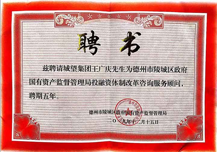 再獲殊榮，實(shí)力見(jiàn)證——我集團總裁王廣慶受聘為陵城區國資局常年顧問(wèn)